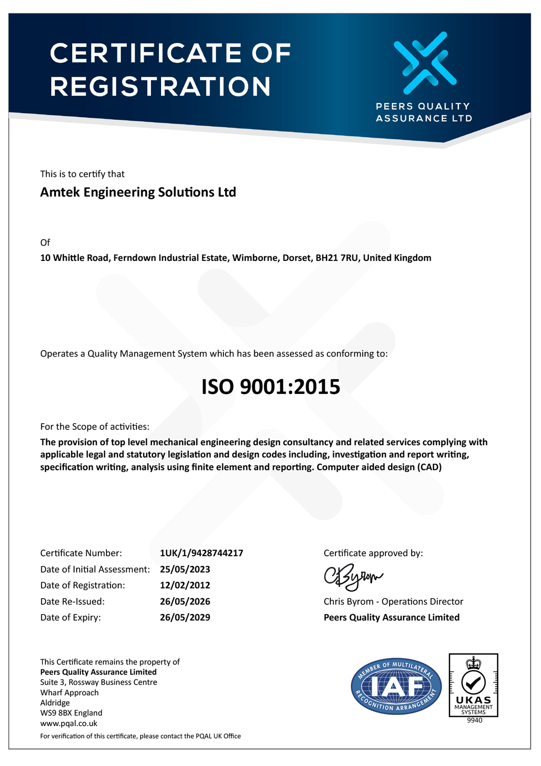 amtek engineering solutions ltd certificate qms